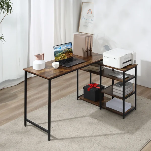 Hoekbureau l vorm pc tafel met plank en lade 135x90x79cm rustiek bruin spaanplaat metaal voor kantoor & thuiskantoor 2