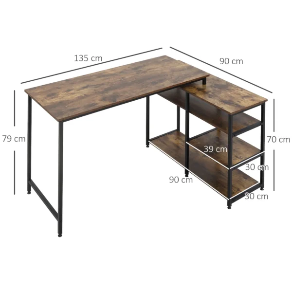 Hoekbureau l vorm pc tafel met plank en lade 135x90x79cm rustiek bruin spaanplaat metaal voor kantoor & thuiskantoor 4