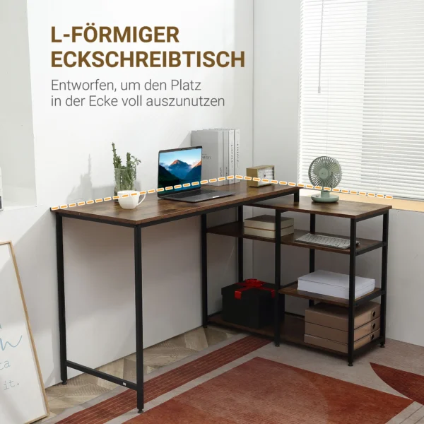 Hoekbureau l vorm pc tafel met plank en lade 135x90x79cm rustiek bruin spaanplaat metaal voor kantoor & thuiskantoor 5