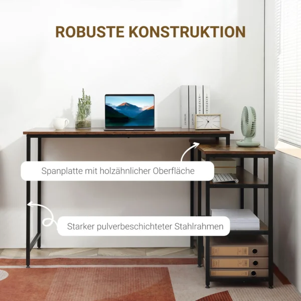 Hoekbureau l vorm pc tafel met plank en lade 135x90x79cm rustiek bruin spaanplaat metaal voor kantoor & thuiskantoor 8
