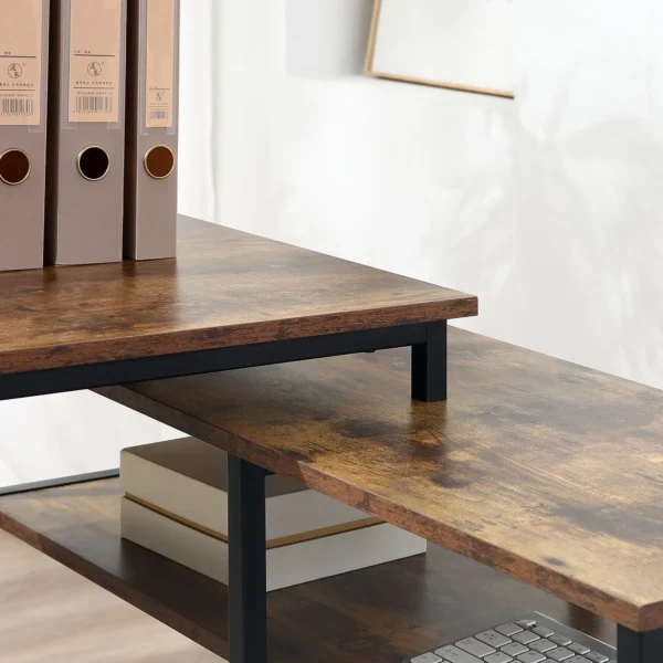 Hoekbureau l vorm pc tafel met plank en lade 135x90x79cm rustiek bruin spaanplaat metaal voor kantoor & thuiskantoor 9
