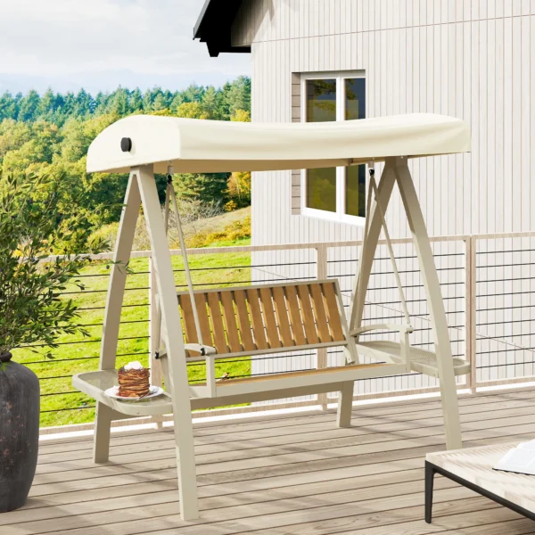 Hollywoodschaukel 2 zits tuinschommel met verstelbaar zonnedak, zijtafel, schommelbank belastbaar tot 240kg, voor tuin, terras, 200 x 120 x 190cm, beige 10