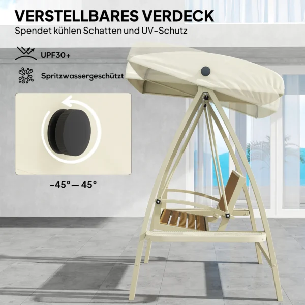 Hollywoodschaukel 2 zits tuinschommel met verstelbaar zonnedak, zijtafel, schommelbank belastbaar tot 240kg, voor tuin, terras, 200 x 120 x 190cm, beige 5