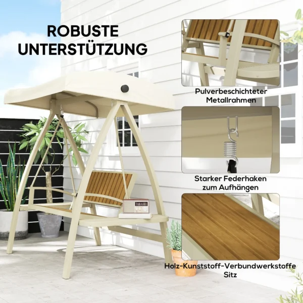 Hollywoodschaukel 2 zits tuinschommel met verstelbaar zonnedak, zijtafel, schommelbank belastbaar tot 240kg, voor tuin, terras, 200 x 120 x 190cm, beige 7