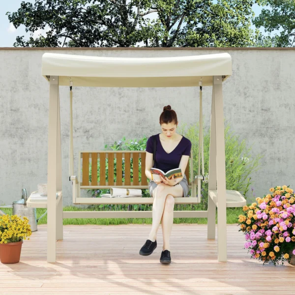 Hollywoodschaukel 2 zits tuinschommel met verstelbaar zonnedak, zijtafel, schommelbank belastbaar tot 240kg, voor tuin, terras, 200 x 120 x 190cm, beige 8