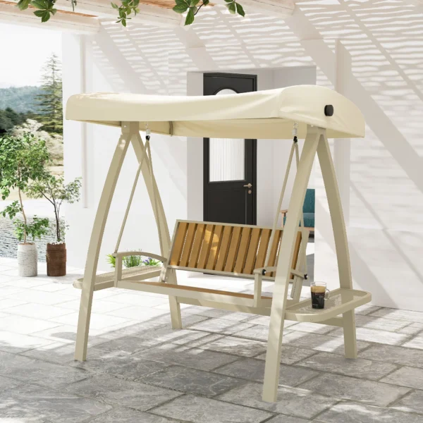 Hollywoodschaukel 2 zits tuinschommel met verstelbaar zonnedak, zijtafel, schommelbank belastbaar tot 240kg, voor tuin, terras, 200 x 120 x 190cm, beige 9