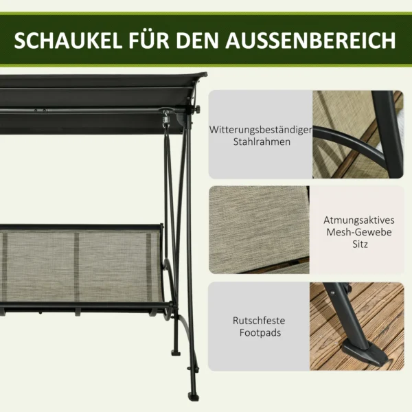 Hollywoodschaukel 3 zits, tuinschommel met verstelbaar zonnedak, uv bescherming, schommelbank tot 330 kg, texteline, zwart 7