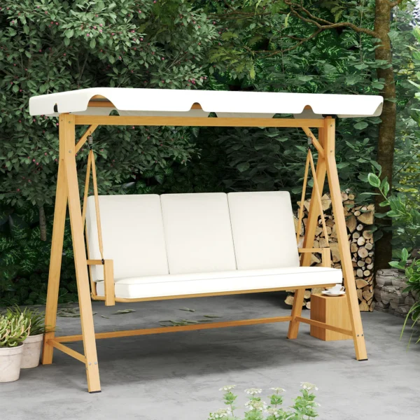 Hollywoodschaukel met verstelbaar zonnedak zitkussen, houtlook 3 zits tuinschommel belastbaar tot 330kg, schommelbank voor tuin, terras 198 x 120 x 170cm, beige 10
