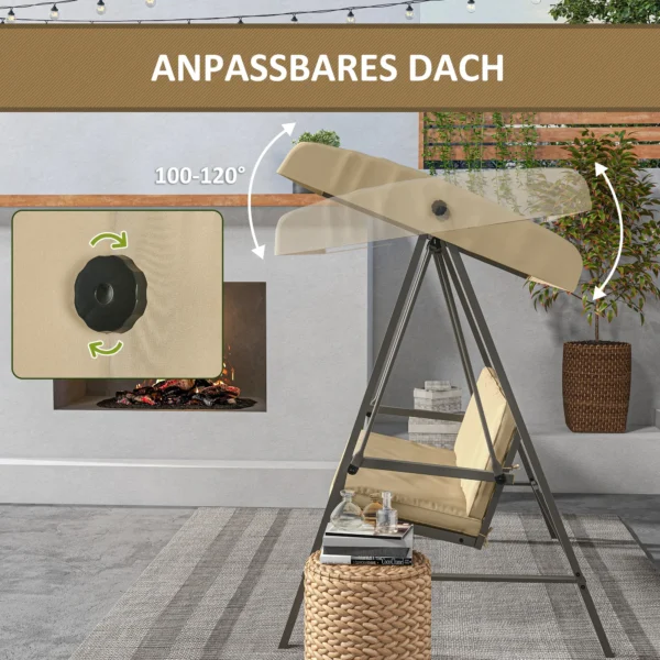 Hollywoodschommel 3 zits met verstelbaar dak, tuinschommel met rugkussen, tot 360 kg belastbaar, beige voor tuin & terras 7