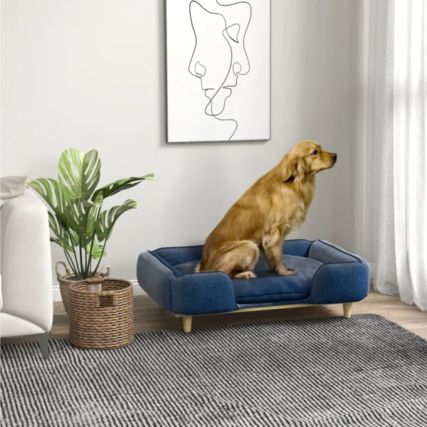 Hondenbed hondenkussen hondenmand hondenbank houten poten, polyester, donkerblauw, 96 x 66 x 24 cm 2