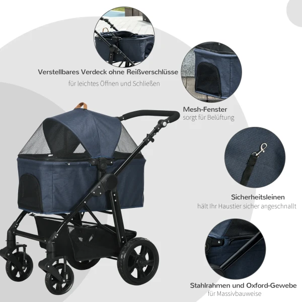 Hondenbuggy 2 in 1 hondenwagen tot 10 kg inklapbaar met draagtas kattenbuggy en meshraam donkerblauw 8