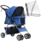 Hondenbuggy, hondenwagen met regenhoes, opvouwbare hondentrolley tot 20 kg, met bekerhouder, netvenster, kattenwagen, blauw, 75x45x97cm 1