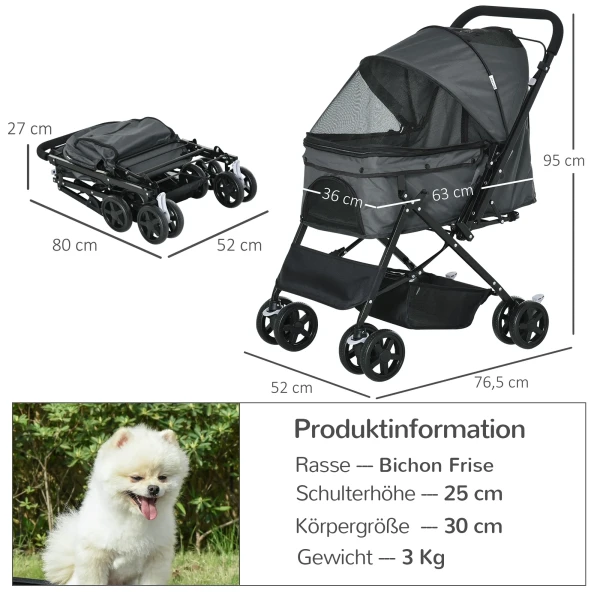 Hondenbuggy hondenwagen voor kleine honden & katten, huisdierwagen pet stroller, oxford donkergrijs, 76,5 x 52 x 95 cm 4