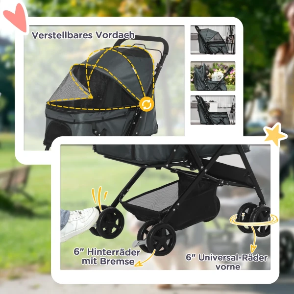 Hondenbuggy hondenwagen voor kleine honden & katten, huisdierwagen pet stroller, oxford donkergrijs, 76,5 x 52 x 95 cm 7