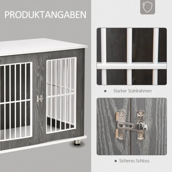 Hondenhok van hout transportbox met tafelblad & kussen, klein dierenkooi, bijzettafel, grijs+wit, 85x55x75cm 6