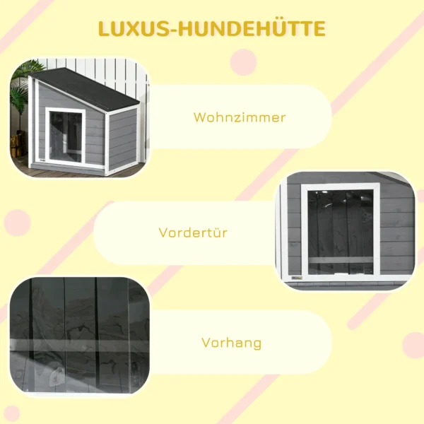 Hondenhok weerbestendig hondenhuis gemaakt van sparrenhout met asfaltdak & deurgordijn grijs 71x58x53/77cm voor kleine honden 8