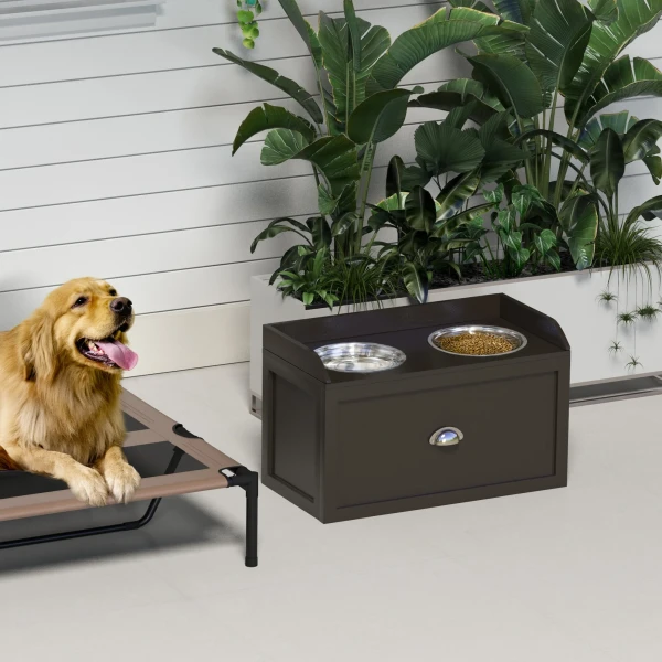 Hondenkom, 2 x 2l voerbak, verhoogde eetkom met lade, roestvrijstalen kom, voerstation voor grote honden, koffie 10