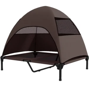 Hondenligbed buiten met dak, verhoogd hondenbed voor grote honden, verkoelend huisdierenbed met wasbaar mesh metalen frame draagtas, huisdierenbed voor buiten kamperen 91x76x90cm, koffie 1