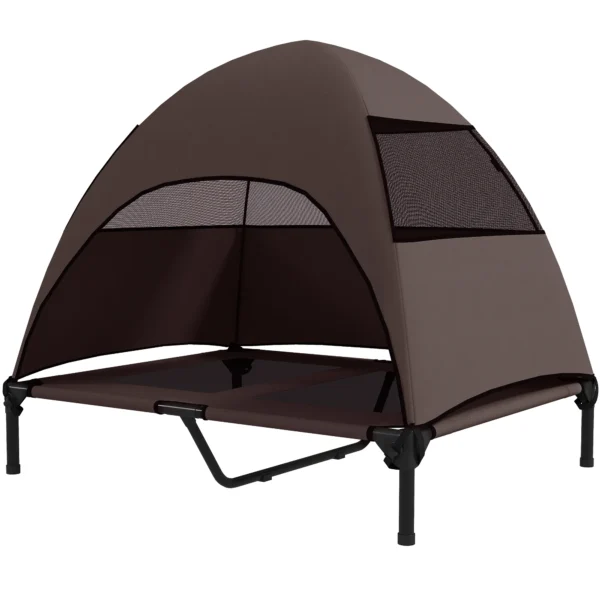 Hondenligbed buiten met dak, verhoogd hondenbed voor grote honden, verkoelend huisdierenbed met wasbaar mesh metalen frame draagtas, huisdierenbed voor buiten kamperen 91x76x90cm, koffie 1