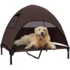 Hondenligbed buiten met dak, verhoogd hondenbed voor grote honden, verkoelend huisdierenbed met wasbaar mesh metalen frame draagtas, huisdierenbed voor buiten kamperen 91x76x90cm, koffie 10