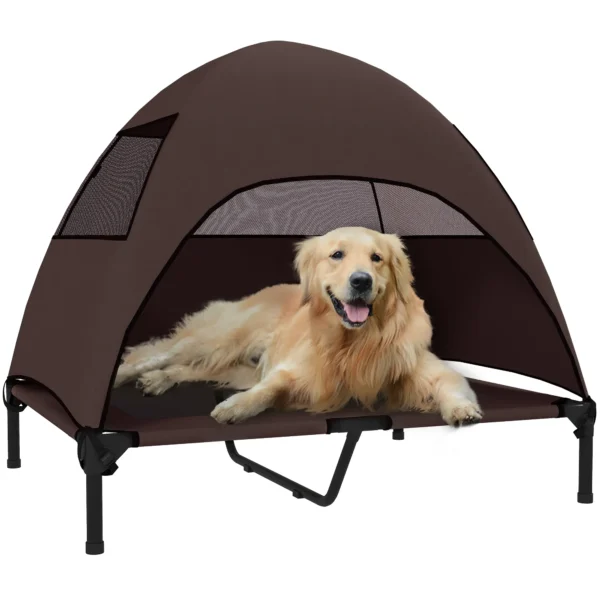 Hondenligbed buiten met dak, verhoogd hondenbed voor grote honden, verkoelend huisdierenbed met wasbaar mesh metalen frame draagtas, huisdierenbed voor buiten kamperen 91x76x90cm, koffie 10