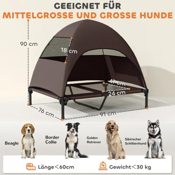 Hondenligbed buiten met dak, verhoogd hondenbed voor grote honden, verkoelend huisdierenbed met wasbaar mesh metalen frame draagtas, huisdierenbed voor buiten kamperen 91x76x90cm, koffie 4