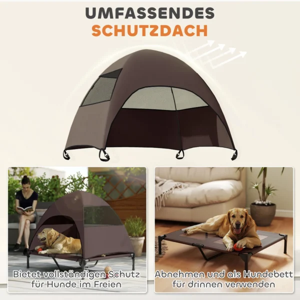 Hondenligbed buiten met dak, verhoogd hondenbed voor grote honden, verkoelend huisdierenbed met wasbaar mesh metalen frame draagtas, huisdierenbed voor buiten kamperen 91x76x90cm, koffie 5