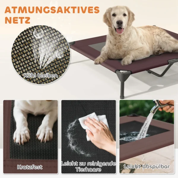 Hondenligbed buiten met dak, verhoogd hondenbed voor grote honden, verkoelend huisdierenbed met wasbaar mesh metalen frame draagtas, huisdierenbed voor buiten kamperen 91x76x90cm, koffie 7