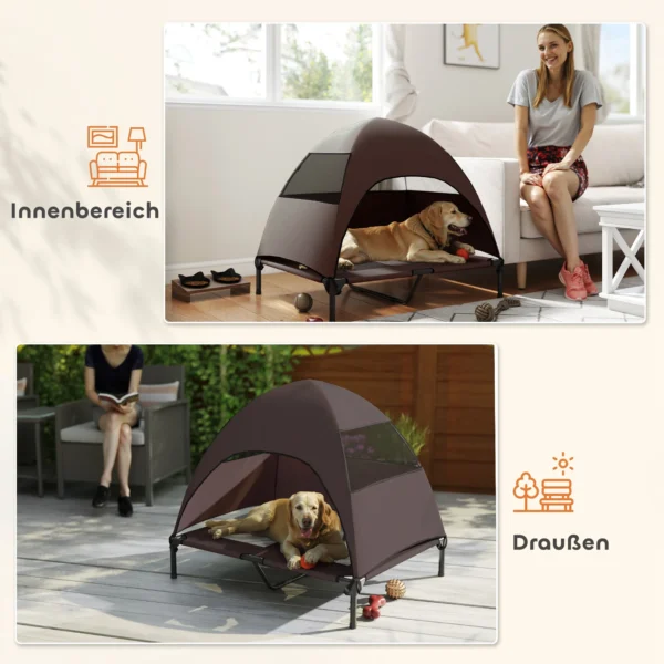 Hondenligbed buiten met dak, verhoogd hondenbed voor grote honden, verkoelend huisdierenbed met wasbaar mesh metalen frame draagtas, huisdierenbed voor buiten kamperen 91x76x90cm, koffie 8