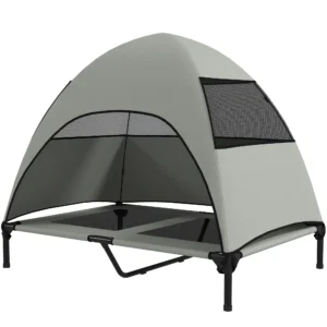 Hondenligbed buiten met dak, verhoogd hondenbed voor grote honden, verkoelend huisdierligbed met wasbaar mesh metalen frame draagtas, huisdierbed voor buiten kamperen 106x76x99cm, lichtgrijs 1