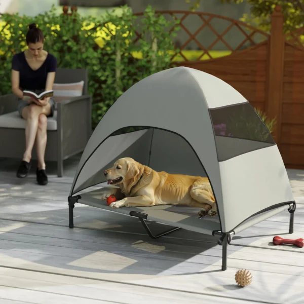 Hondenligbed buiten met dak, verhoogd hondenbed voor grote honden, verkoelend huisdierligbed met wasbaar mesh metalen frame draagtas, huisdierbed voor buiten kamperen 106x76x99cm, lichtgrijs 10