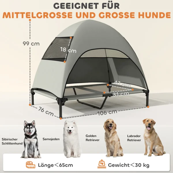 Hondenligbed buiten met dak, verhoogd hondenbed voor grote honden, verkoelend huisdierligbed met wasbaar mesh metalen frame draagtas, huisdierbed voor buiten kamperen 106x76x99cm, lichtgrijs 4