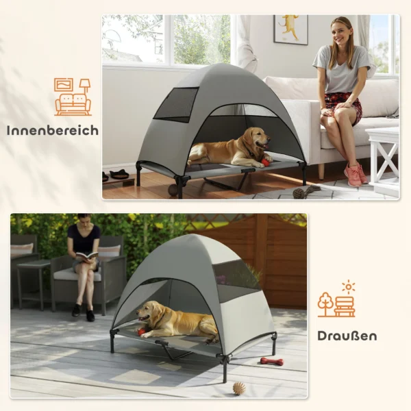 Hondenligbed buiten met dak, verhoogd hondenbed voor grote honden, verkoelend huisdierligbed met wasbaar mesh metalen frame draagtas, huisdierbed voor buiten kamperen 106x76x99cm, lichtgrijs 8