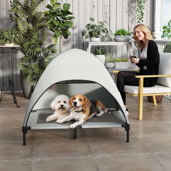 Hondenligbed buiten met dak, verhoogd hondenbed voor grote honden, verkoelend huisdierligbed met wasbaar mesh metalen frame draagtas, huisdierbed voor buiten kamperen 106x76x99cm, lichtgrijs 9