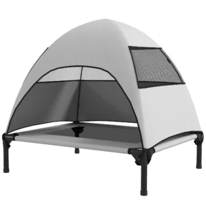 Hondenligbed buiten met dak, verhoogd hondenbed voor middelgrote honden, verkoelend huisdierligbed met wasbaar mesh metalen frame draagtas, huisdierbed voor buiten kamperen 76x61x71cm, lichtgrijs 1