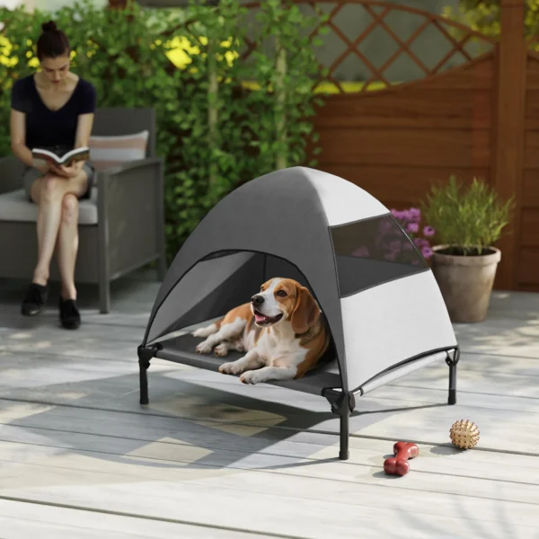 Hondenligbed buiten met dak, verhoogd hondenbed voor middelgrote honden, verkoelend huisdierligbed met wasbaar mesh metalen frame draagtas, huisdierbed voor buiten kamperen 76x61x71cm, lichtgrijs 10