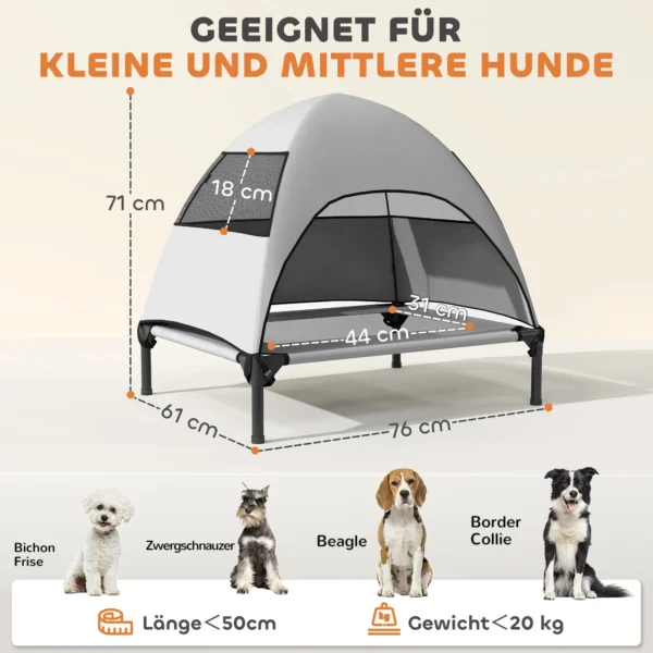 Hondenligbed buiten met dak, verhoogd hondenbed voor middelgrote honden, verkoelend huisdierligbed met wasbaar mesh metalen frame draagtas, huisdierbed voor buiten kamperen 76x61x71cm, lichtgrijs 4