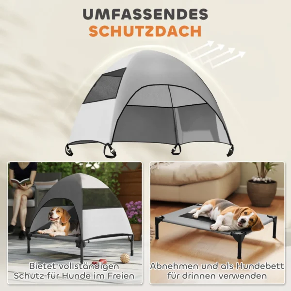 Hondenligbed buiten met dak, verhoogd hondenbed voor middelgrote honden, verkoelend huisdierligbed met wasbaar mesh metalen frame draagtas, huisdierbed voor buiten kamperen 76x61x71cm, lichtgrijs 5