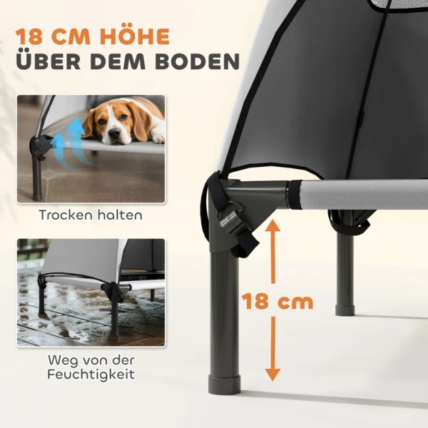 Hondenligbed buiten met dak, verhoogd hondenbed voor middelgrote honden, verkoelend huisdierligbed met wasbaar mesh metalen frame draagtas, huisdierbed voor buiten kamperen 76x61x71cm, lichtgrijs 6