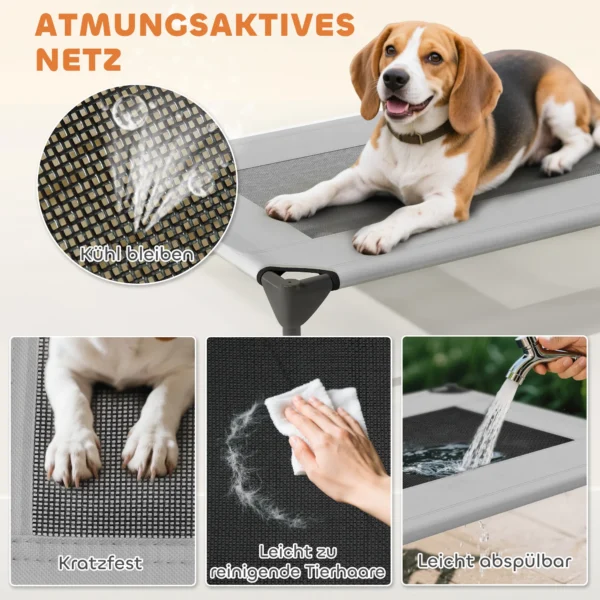 Hondenligbed buiten met dak, verhoogd hondenbed voor middelgrote honden, verkoelend huisdierligbed met wasbaar mesh metalen frame draagtas, huisdierbed voor buiten kamperen 76x61x71cm, lichtgrijs 7