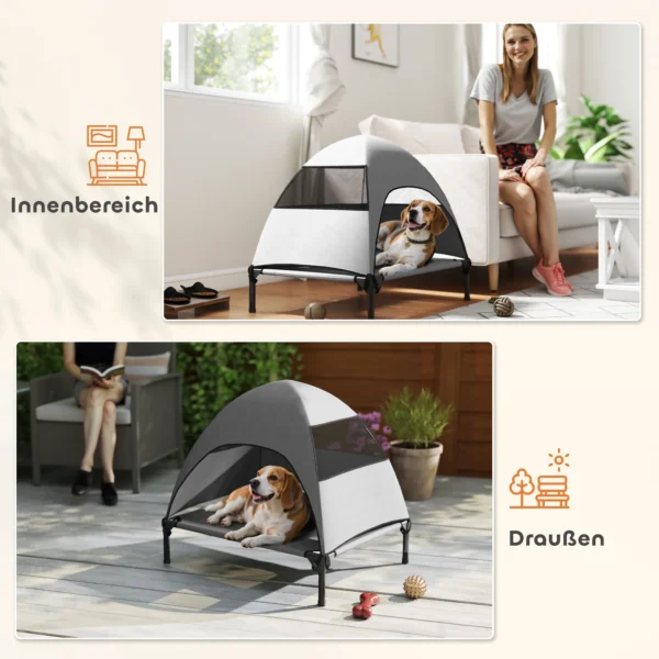 Hondenligbed buiten met dak, verhoogd hondenbed voor middelgrote honden, verkoelend huisdierligbed met wasbaar mesh metalen frame draagtas, huisdierbed voor buiten kamperen 76x61x71cm, lichtgrijs 8