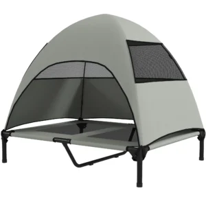 Hondenligbed outdoor met dak, verhoogd hondenbed voor grote honden, verkoelend huisdierligbed met wasbaar mesh metalen frame draagtas, huisdierbed voor buiten kamperen 91x76x90cm, lichtgrijs 1