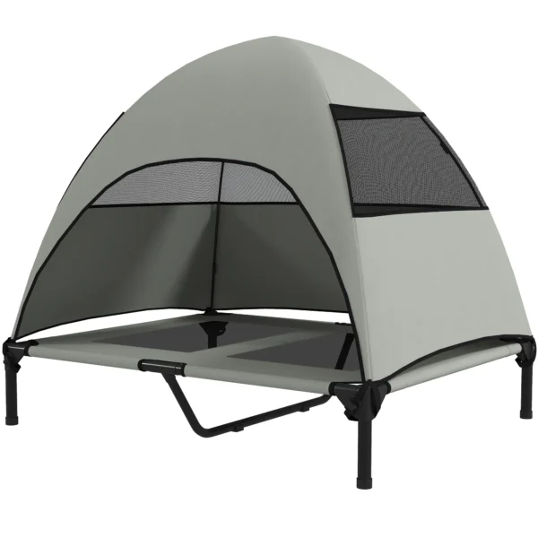 Hondenligbed outdoor met dak, verhoogd hondenbed voor grote honden, verkoelend huisdierligbed met wasbaar mesh metalen frame draagtas, huisdierbed voor buiten kamperen 91x76x90cm, lichtgrijs 1