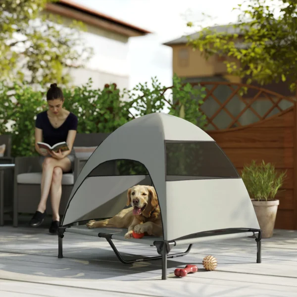 Hondenligbed outdoor met dak, verhoogd hondenbed voor grote honden, verkoelend huisdierligbed met wasbaar mesh metalen frame draagtas, huisdierbed voor buiten kamperen 91x76x90cm, lichtgrijs 10