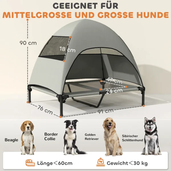 Hondenligbed outdoor met dak, verhoogd hondenbed voor grote honden, verkoelend huisdierligbed met wasbaar mesh metalen frame draagtas, huisdierbed voor buiten kamperen 91x76x90cm, lichtgrijs 4