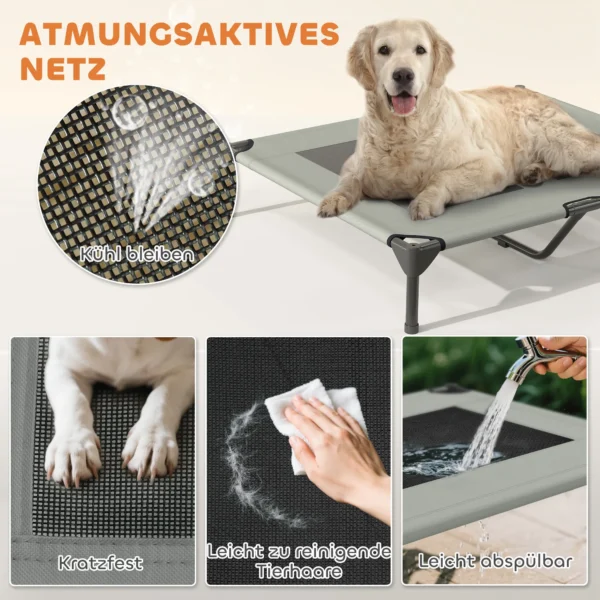 Hondenligbed outdoor met dak, verhoogd hondenbed voor grote honden, verkoelend huisdierligbed met wasbaar mesh metalen frame draagtas, huisdierbed voor buiten kamperen 91x76x90cm, lichtgrijs 7