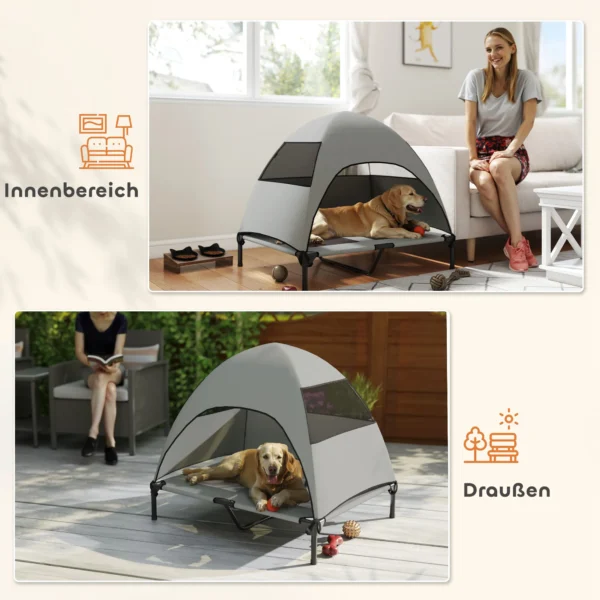 Hondenligbed outdoor met dak, verhoogd hondenbed voor grote honden, verkoelend huisdierligbed met wasbaar mesh metalen frame draagtas, huisdierbed voor buiten kamperen 91x76x90cm, lichtgrijs 8