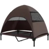 Hondenligstoel outdoor met dak, verhoogd hondenbed voor grote honden, verkoelend huisdierligbed met wasbaar mesh metalen frame draagtas, huisdierbed voor buiten kamperen 106x76x99cm, koffie 1