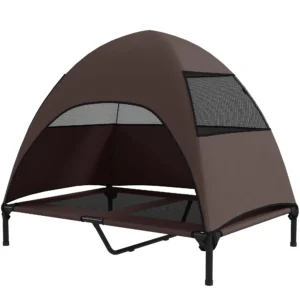 Hondenligstoel outdoor met dak, verhoogd hondenbed voor grote honden, verkoelend huisdierligbed met wasbaar mesh metalen frame draagtas, huisdierbed voor buiten kamperen 106x76x99cm, koffie 1