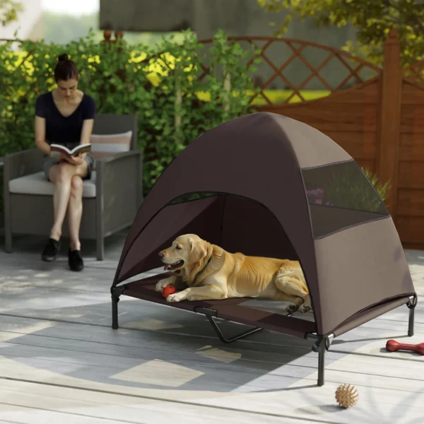 Hondenligstoel outdoor met dak, verhoogd hondenbed voor grote honden, verkoelend huisdierligbed met wasbaar mesh metalen frame draagtas, huisdierbed voor buiten kamperen 106x76x99cm, koffie 10